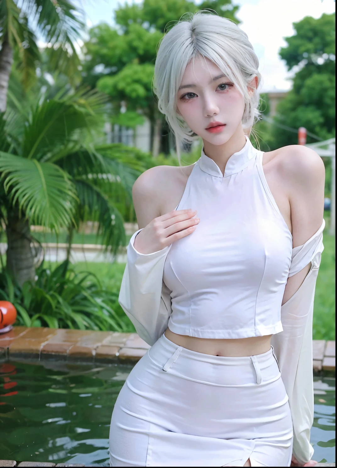 Beautiful woman with perfect figure:1.4，Ultra-high resolution，Put your hands behind your back，Swimming background，（Realism:1.4)，perspective，Layered hairstyle，Snow white skin，JK:1.5，Super short pleated skirt，whole body：1.4，Very delicate and skin texture，Double eyelids，Skin Whitening，Long hair，White hair
