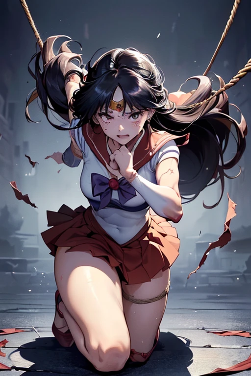 (Very detailed),Mid-chest, Detailed hands, Sailor Mars,I'm injured、On one knee、(((Crippling)))、(((Her costume is torn and her skin is showing)))、Bleeding、enduring pain、(((Hands tied)))、(((He is in agony after receiving a fierce attack from the enemy.)))、(((Being tied up with rope)))、Crucified、(((Crippling)))