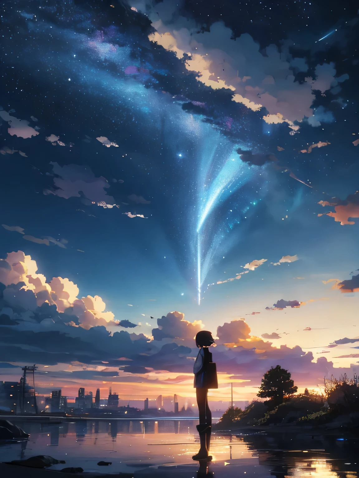 High quality masterpiece, landscape, anime japanese town, traditional town, bright starry sky. BREAK Romantic old town, sky, pixiv, concept art, lofi art style, reflection. by Makoto Shinkai, lofi art, Beautiful anime scene, BREAK Anime landscape, detailed scenery —width 672, in style of Makoto shinkai, style of Makoto shinkai, enhanced details, BREAK,Detailed,Realistic,4k highly detailed digital art,octane render, bioluminescent, BREAK 8K resolution concept art, realism,by Mappa studios,masterpiece,best quality,official art,illustration,ligne claire,(cool_color),perfect composition,absurdres, fantasy,focused,rule of thirds,((雷:1.2))