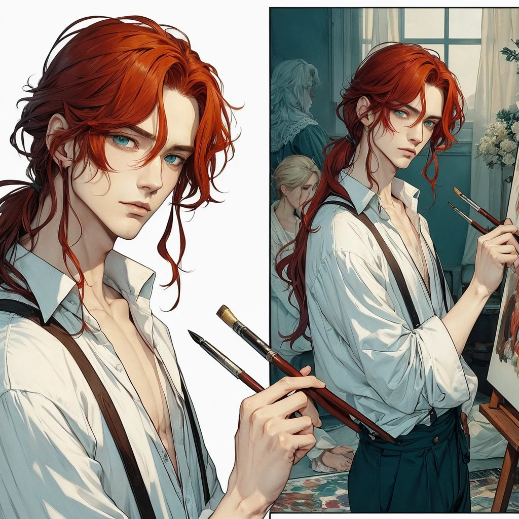 I want a manhwa style full body image of a 19th century painter man, he must have long red hair and aqua green eyes. your style is sensual and beautiful with the white shirt slightly open. quero uma imagem full body