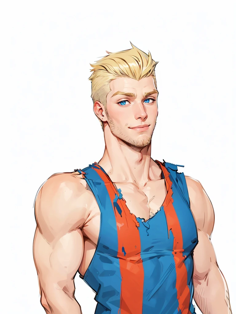 19 year old boy very handsome beautiful face blue eyes messy blonde hair shaved on the sides visible muscles thin beard and sparse sideburns looking to the side with a mischievous smile