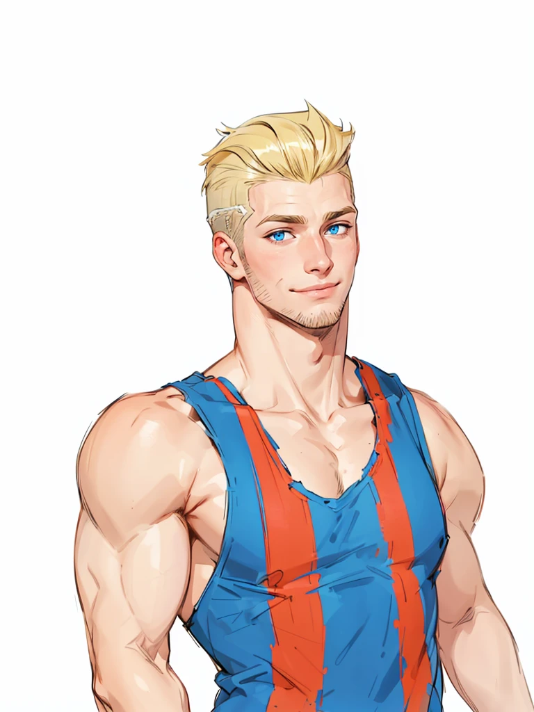 19 year old boy very handsome beautiful face blue eyes messy blonde hair shaved on the sides visible muscles thin beard and sparse sideburns looking to the side with a mischievous smile  
