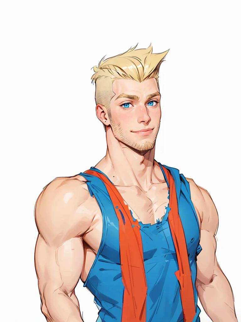 19 year old boy very handsome beautiful face blue eyes messy blonde hair shaved on the sides visible muscles thin beard and sparse sideburns looking to the side with a mischievous smile  