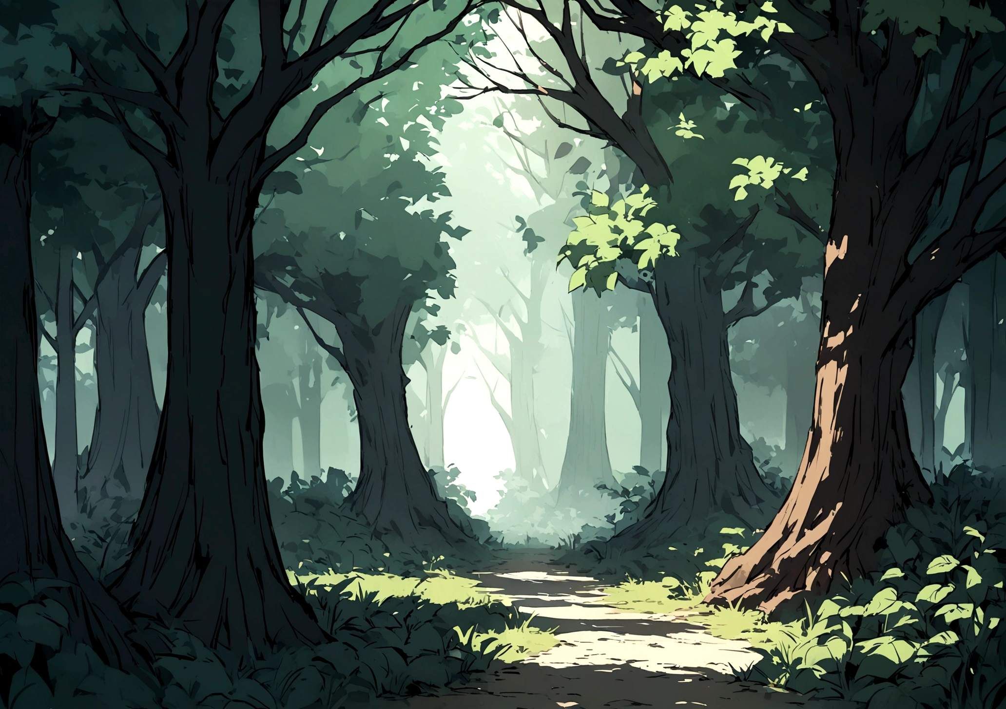 create a background for a fantasy medieval game in the center is a medium tree in a forest filled with bushes and plants the front is flat ground with dirt make sure there's no white background and make it eye level make the tree is highly detailed and the tree make the main center tree have mmanyt skinny branches popping out add many shadows and lots of shading no white background make it a bit darker