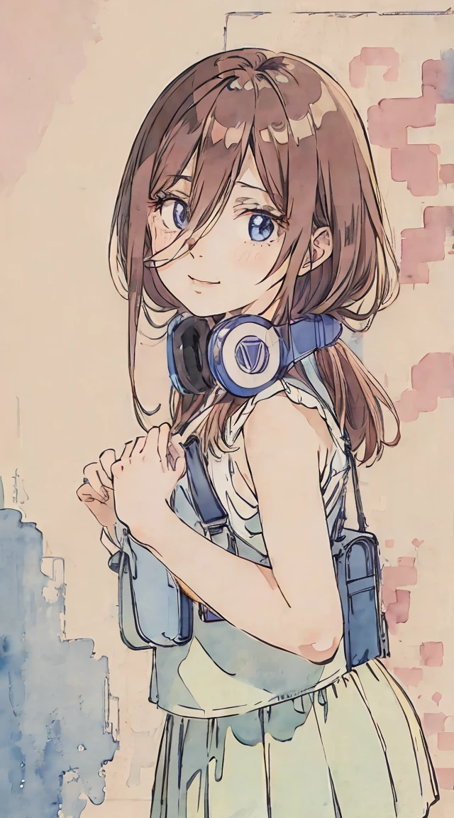 school classrooms、Watercolor style、Pale colors、hand painted style, 15yo student、hi-school girl、School route、carrying a schoolbag、Walking Girl Japan、posterior view、Looks Back, , A smile、frontage、The upper part of the body、pink red Brown hair、long fluffy hair, a strand of hair falling across her face, blue headphones, cowboy shot, miku nakano