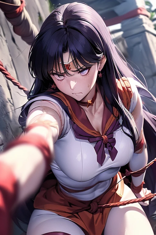 (Very detailed),Mid-chest, Detailed hands, Sailor Mars,I'm injured、On one knee、(((Crippling)))、(((Her costume is torn and her skin is showing)))、Bleeding、enduring pain、(((Hands tied)))、(((He is in agony after receiving a fierce attack from the enemy.)))、(((Being tied up with rope)))、Crucified、(((Crippling)))