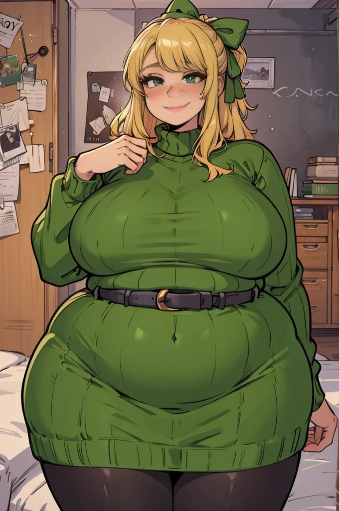 ((art by Kipteitei)), ((Masterpiece, best quality, perfect lighting, amazing shading)), (perfect anatomy, realistic proportions), field of depth, extremely beautiful, detailed face, ultra cute face, cute, long blonde hair, hair ribbons, green eyes, sweater dress, pantyhose, cute smile, (fat), belly, [belt], blushing, (elegant pose), bedroom background, detailed background