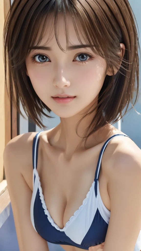 Browsing Caution、16K、Realistic、Highest quality、masterpiece、Ultra-high resolution、RAW Photos、Realistic、Bright lighting、Face Light、Smooth Professional Lighting、Looking into the camera、alone、Adult female、Beautiful woman、Super Beauty、Realistic肌、Moisturized Skin、Realistic eyes and faces、Perfect model body shape、Beautiful Eyes、Big eyes、Inconspicuous tear bags、slim、medium、Very good、Camel Toe、Beautiful fingers、Very short hair、Very black hair、Very dark eyes、Looks happy、((Both ears are hidden by hair))、(Cowboy shot showing the top of the head)、Colorful Swimsuits、Large Breasts、Cleavage