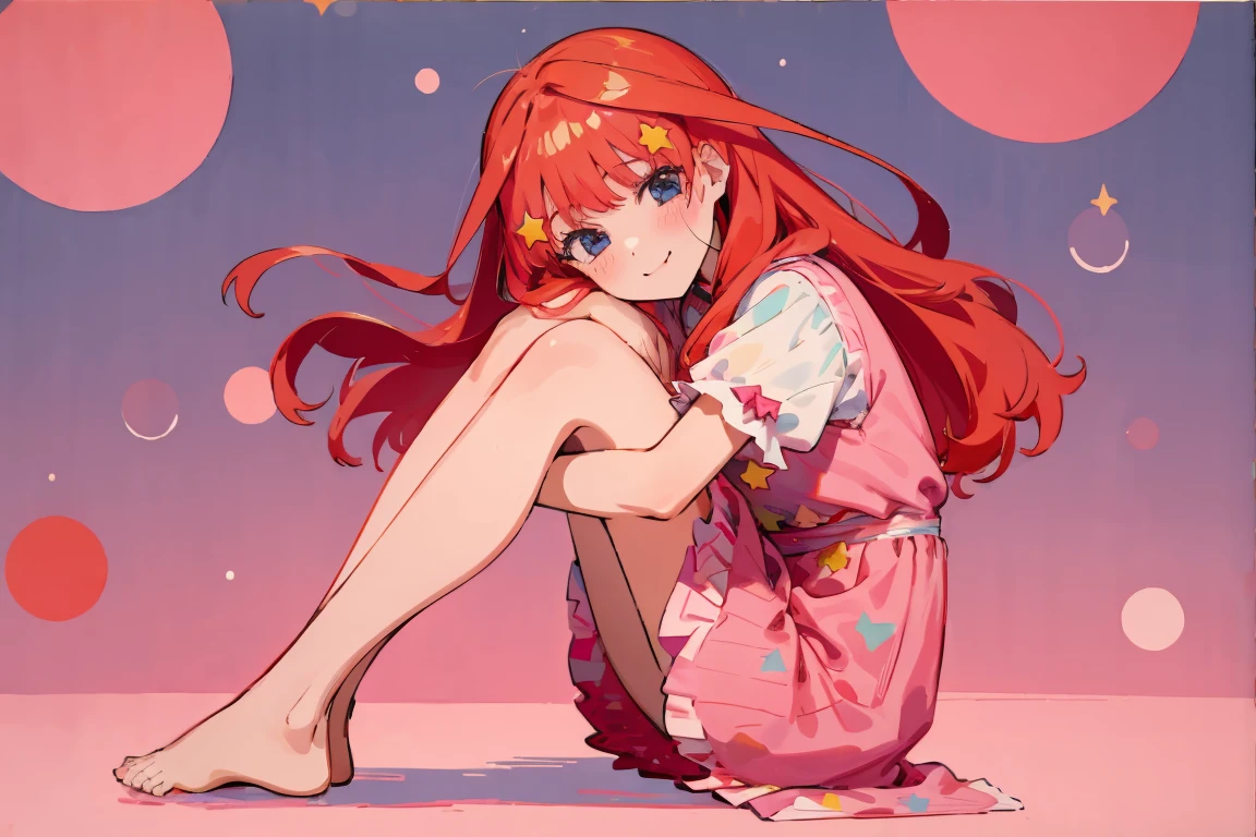 ((best quality)), ((masterpiece)), (detailed), perfect face, 1girl, nakano itsuki, smiling, whimsical, triad color pallette, hugging knees, looking at viewer, pink water droplets, smiling, flat colouring, full body, blank space on the left, fluffy red hair, star hairclips