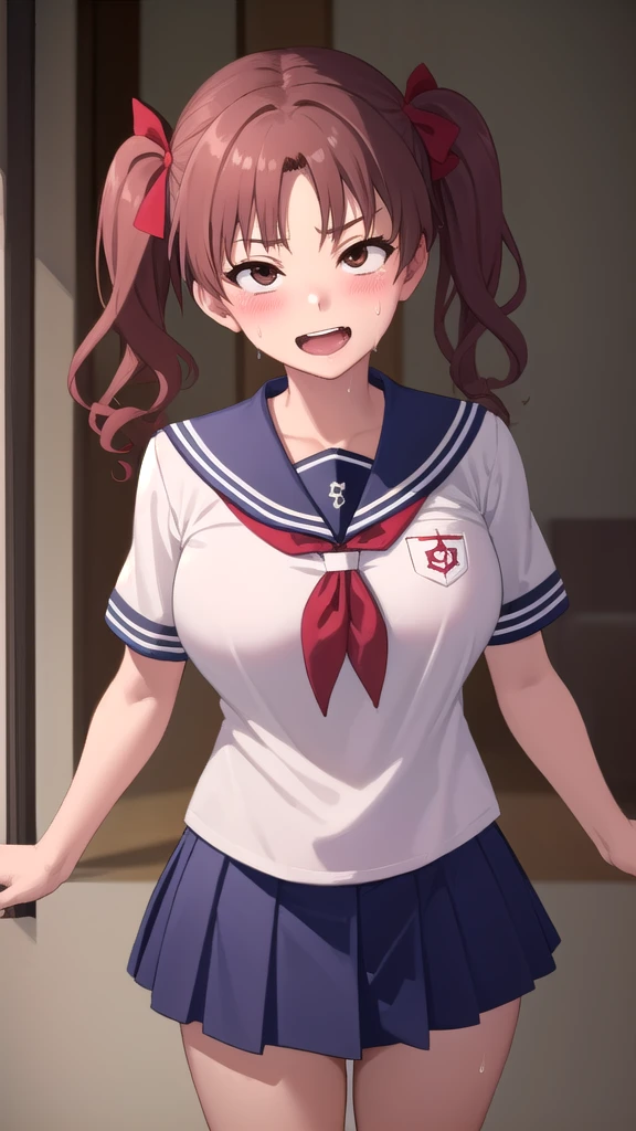 1 futanari girl:1.3, alone, Long Hair, chest, View Audience, blush, smile, Open your mouth, Brown Hair, shirt, bow, Twin tails, Brown eyes,, indoor, erection:1.3, futanari:1.4, erection,Shirai Kuroko ,Wearing a sailor uniform、Expressionless、blush、Sweaty、Big Breasts、Big cock、 girl:1.2、A penis is growing、My penis is pushing up my skirt、Anatomically correct body