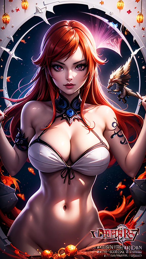 A captivating 3D rendering of a mesmerizing young woman with fiery red hair and piercing blue eyes. She gracefully holds a mysterious, faceless mask that reveals half of her enchanting face. Her right eye emits an ethereal glow, casting a mesmerizing aura. Adorned in an exquisite white evening gown with golden details, she bears the distinct "Dragonsteel7" emblem and the eye-catching, chrome red "REDRAGON FURY X" logo. This cinematic, anime-inspired image bursts with vibrant colors and intricate details, creating a spellbinding poster and illustration for a magical story. The 3D render showcases a powerful and enigmatic figure, designed to captivate the imagination and draw in viewers. This striking image combines anime, 3D render, illustration,, dark fantasy, conceptual art, ukiyo-e, vibrant, product, cinematic, painting, anime, fashion, illustration, portrait photography, 3d render, wildlife photography, architecture, photo, typography, poster, graffiti