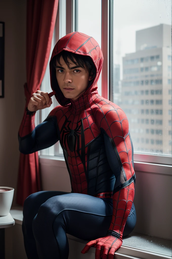 A watching Netflix in a Spider-Man outfit in a rainy window with hot chocolate