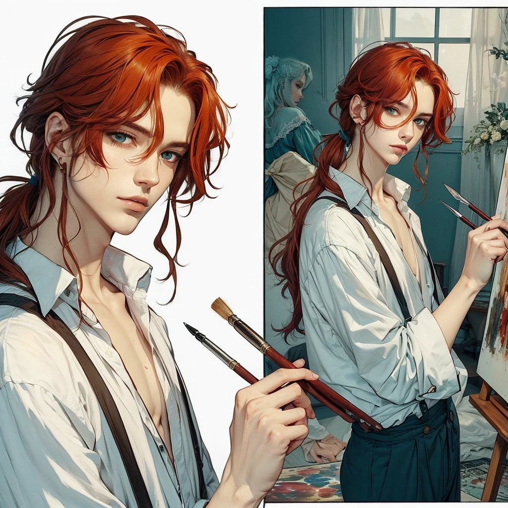 I want a manhwa style full body image of a 19th century painter man, he must have long red hair and aqua green eyes. your style is sensual and beautiful with the white shirt slightly open. quero uma imagem full body 