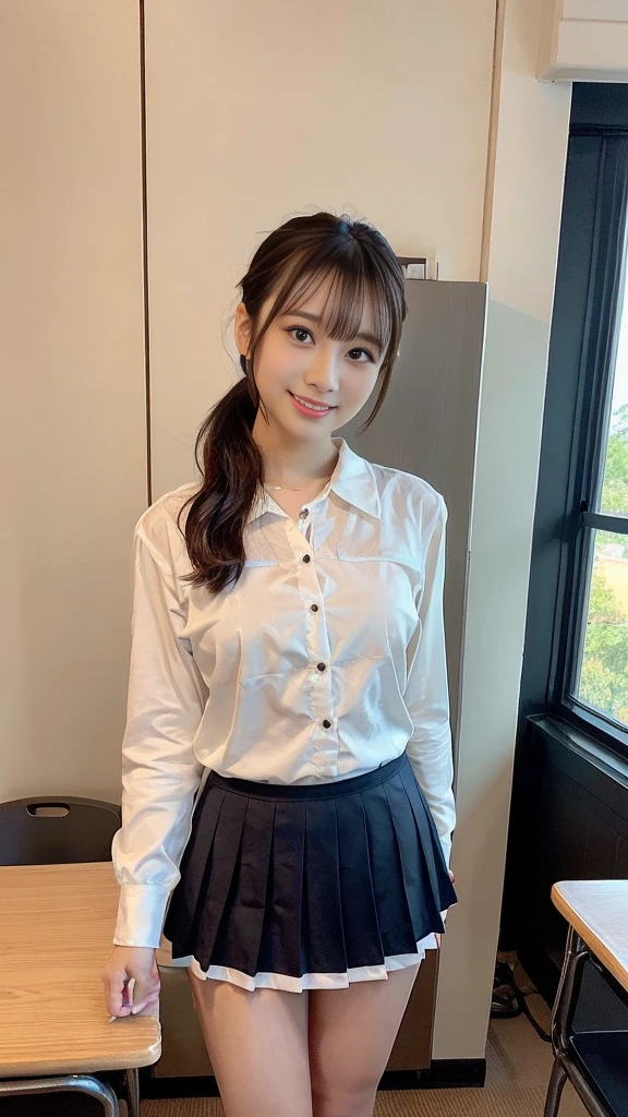 (((Completely naked)))、naked,skirt lift, shirt lift, masterpiece, best quality, high quality,view from front,
in classroom,school,morning,looking at viewer, cowboy shot,
, (long sleeve shirt),serafuku,(Navy pleated mini skirt)
, (flatchest:1.4),smirk, smile, Japanese,20years old,cute face,((cute white panty)),black hair,high ponytail hair,
(masterpiece:1.2), (best quality), (ultra detailed), (8K, 4K, intricate),(full-body-shot:1), (highly detailed:1.2),(detailed face:1.2) , , looking at viewer, shirt lift, skirtlift