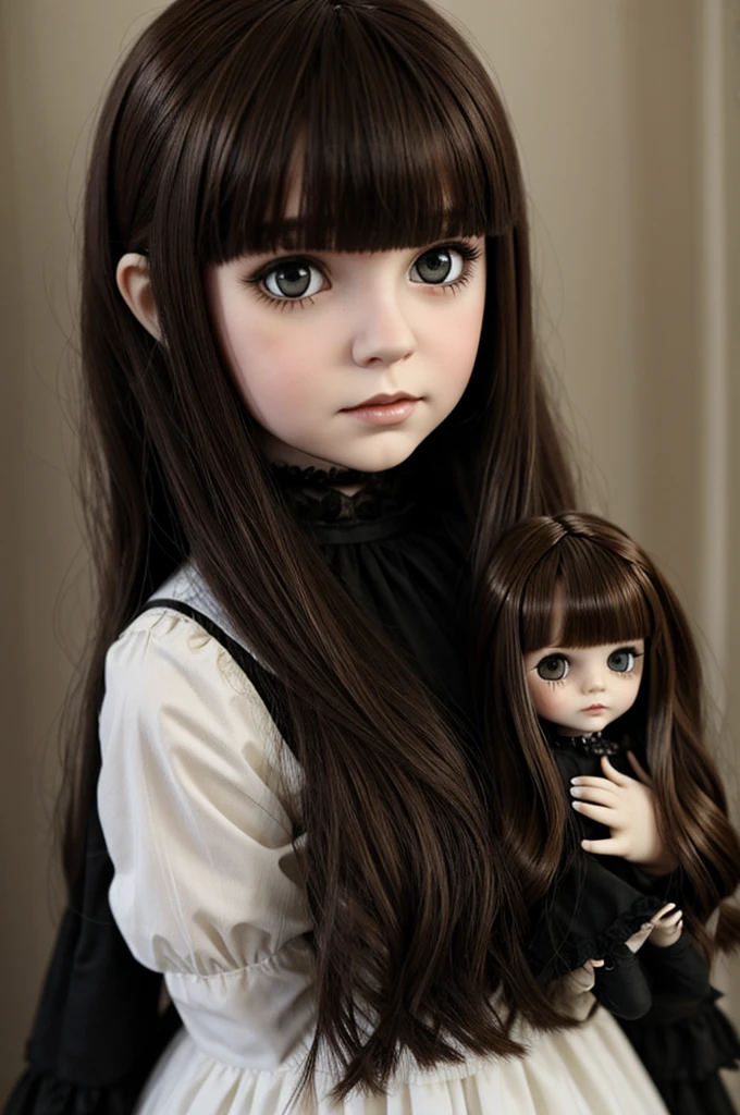 Pale Blythe doll with black eyes and brown hair with gothic bangs 