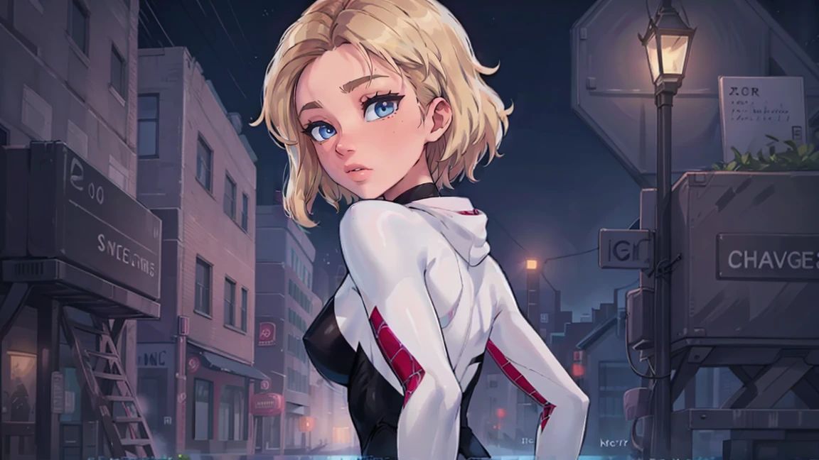 (work of art),best qualityer, blue colored eyes, medium breasts, average ass, sultry eyes, view from the front, gazing at viewer, 8K, high qualiy , highly-detailed eyes, cyber realism, gorgeous eyes, realisitic, dslr, Cabelos de high qualiy,, Staring at me, sensuous, nocturne background,em cima de um prédio, iluminação dinâmica, iluminação lateral, iluminação de aro, gwen stacy, spider-gwen, spidergirl, posando para foto
