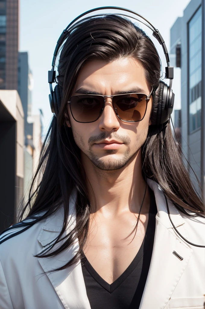 Create a caricature of a person with the following characteristics: Wear headphones with a microphone, has dark hair, He wears sunglasses and has a serious face..