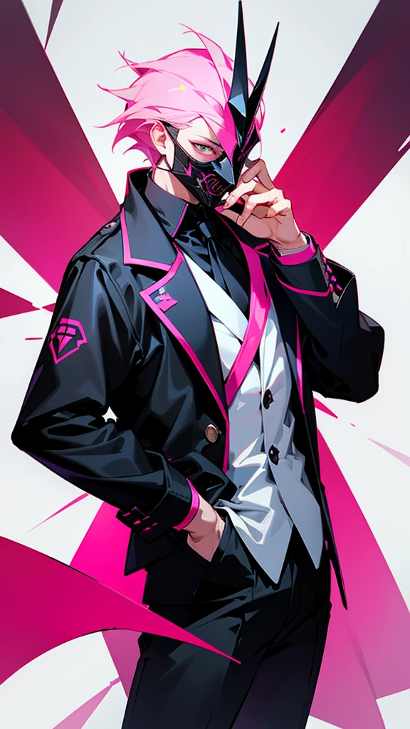 A man in a mask and black jacket, Hands in your pocket, Stylish pose, Centralized in the center, High quality, High details, Simple white background, Neon pink tone