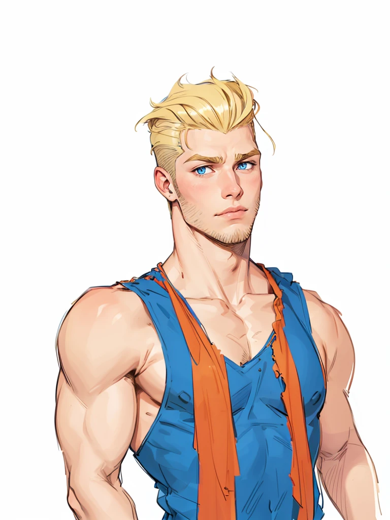 boy, 19 years old, very handsome, beautiful face, blue eyes, ruffled blonde hair, shaved on the sides, visible muscles, a thin beard and sparse sideburns, looking ahead suspiciously