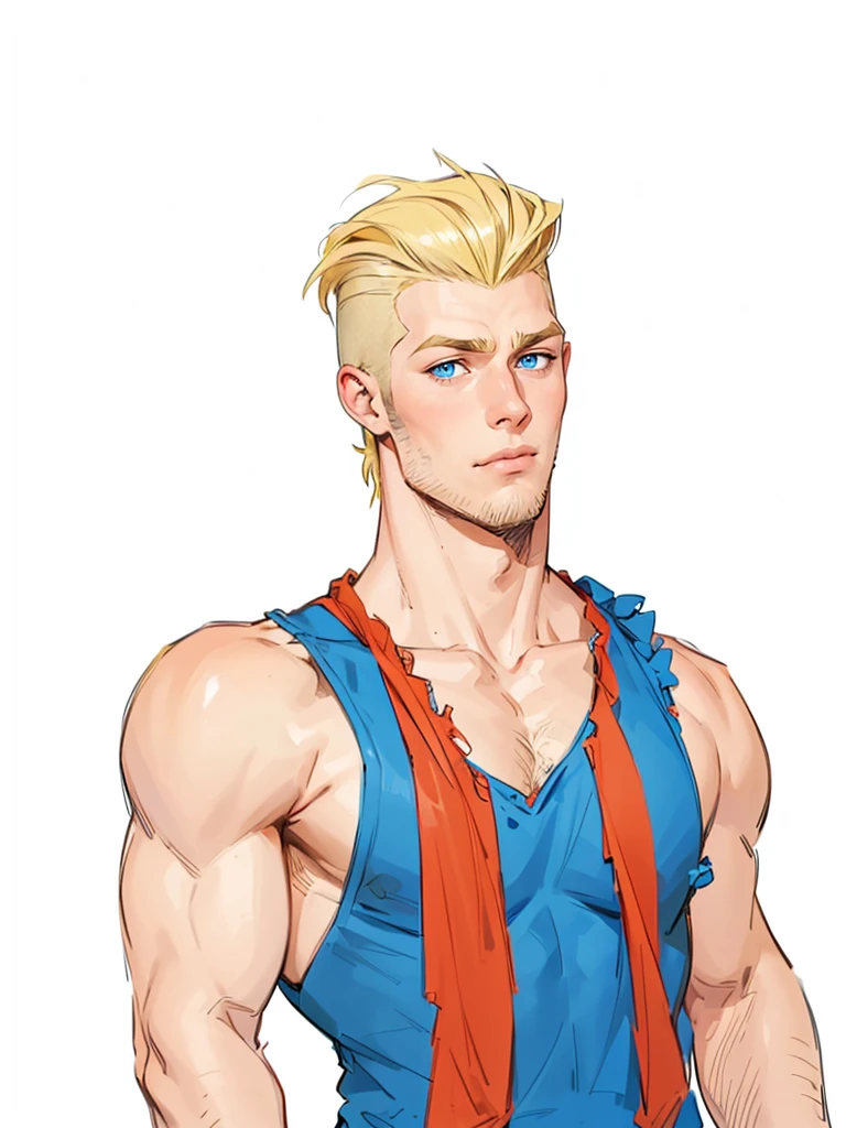 boy, 19 years old, very handsome, beautiful face, blue eyes, ruffled blonde hair, shaved on the sides, visible muscles, a thin beard and sparse sideburns, looking ahead suspiciously