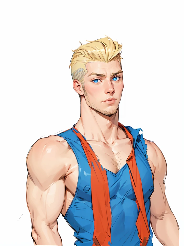 boy, 19 years old, very handsome, beautiful face, blue eyes, ruffled blonde hair, shaved on the sides, visible muscles, a thin beard and sparse sideburns, looking ahead suspiciously