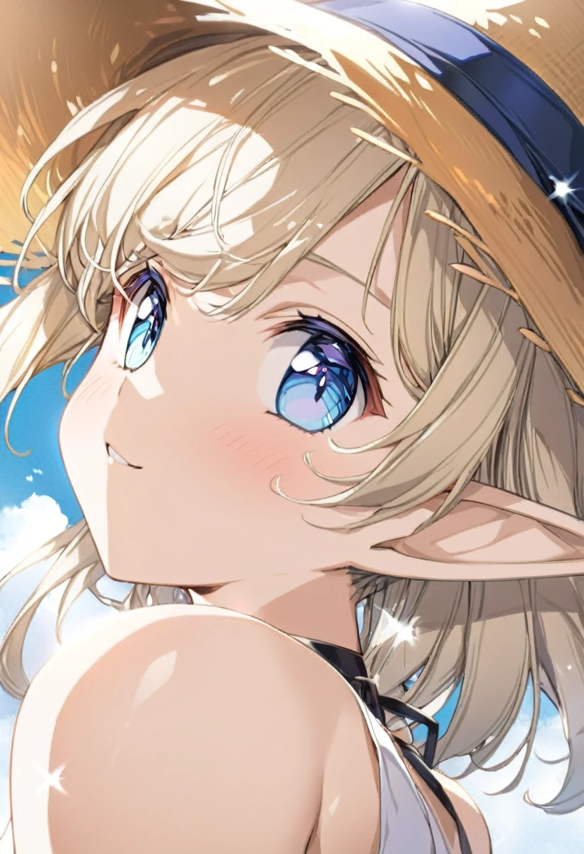 16K、masterpiece、High resolution、High resolution、((Young Elven Woman))、((Beautiful white skin))、((Beautiful blonde))、((Sparkling Blue Eyes))、((Pointy Ears))、Smiling Kindly、blush、Sleeveless white shirt、Wear a straw hat、Clear blue sky、look at me、((Upper body close-up))