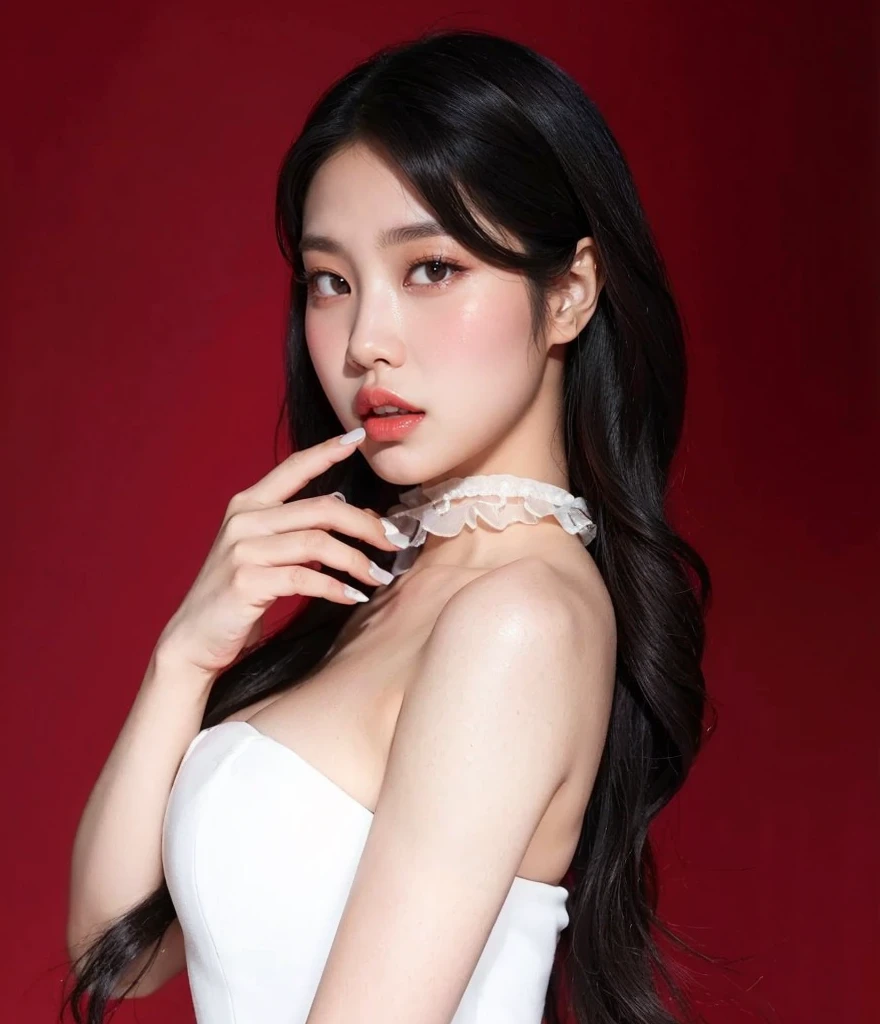 Jennie kim, black hair, messy and lazy, full lips, doll lips, large eyes.