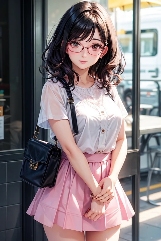 Beautiful woman 41 years old short wavy black hair wearing transparent round makeup glasses with pink mini skirt and white blouse standing