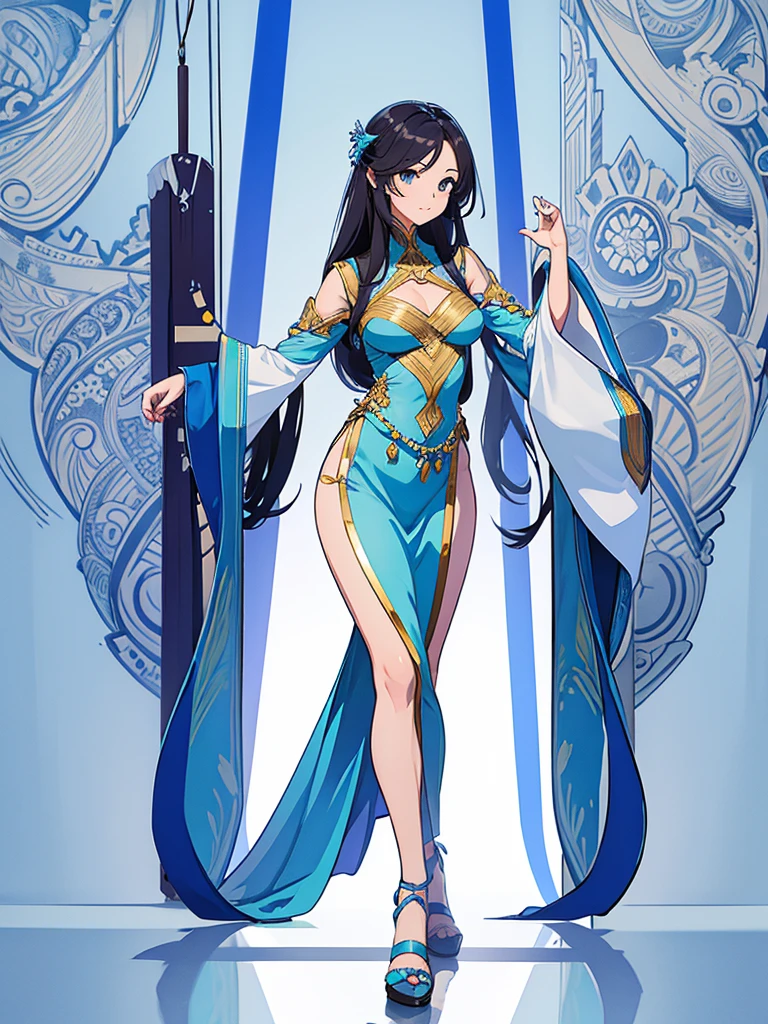 cute, standing lady, three view drawing, front and back and side,full body,simple background,dancer,long hair,blue print