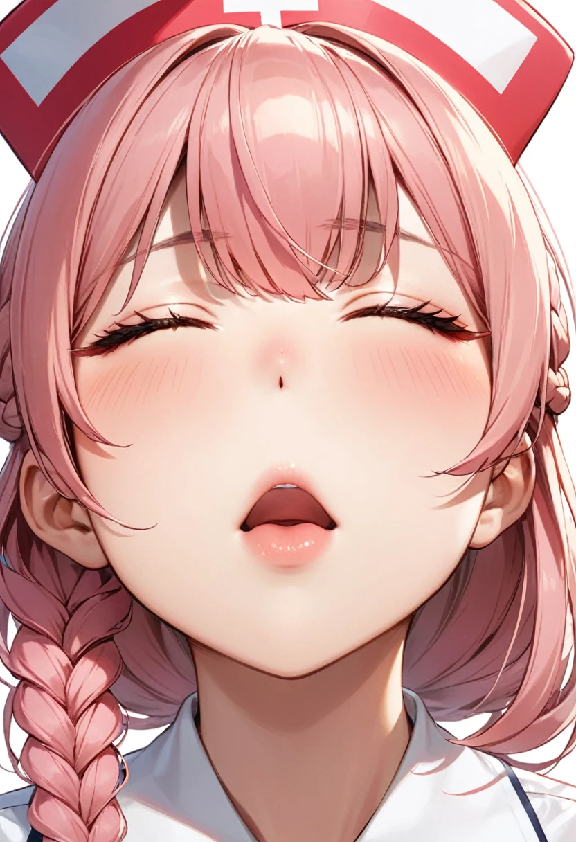girl、Braid、Close your mouth、Pink hair、Angle from below、Nurse uniform、Close ~ eyes、Red cheeks