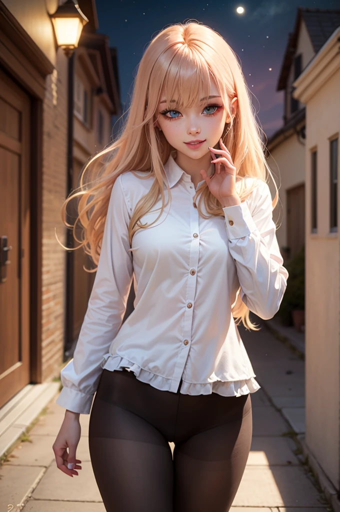 Masterpiece, Best quality, absurderes, view the viewer, Solo, rita rossweisse (Summer Night's Dream), rita rossweisse, shirt, Pantyhose, Red rose, Blue eyes, Blonde hair, Long sleeves, Moles under eyes, (hair on one eye), frilly shirt, White shirt, Seductive smile, (Ulzzang-6500:0.8), Long hair, day, Outdoor black pantyhose