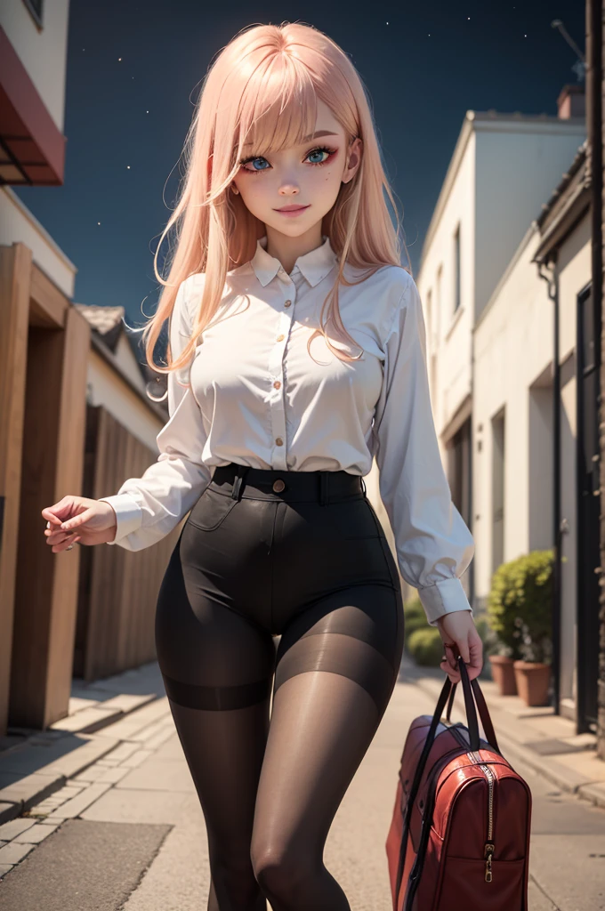 Masterpiece, Best quality, absurderes, view the viewer, Solo, rita rossweisse (Summer Night's Dream), rita rossweisse, shirt, Pantyhose, Red rose, Blue eyes, Blonde hair, Long sleeves, Moles under eyes, (hair on one eye), frilly shirt, White shirt, Seductive smile, (Ulzzang-6500:0.8), Long hair, day, Outdoor black pantyhose