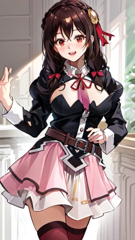 lumen reflections, natural lighting, evocative, triadic color scheme, cowboy shot, elegant, voluptuous:0.6, looking at viewer, 1girl, female, solo, blush, open mouth, smile, teeth, sfw, yunyun1, dark brown hair, twin tails, red eyes, ribbons, red ribbons, ribbons on hair, top, black top, long sleeve top, collar, white collar, tie, pink tie, tie on top, belt, brown belt, skirt, pink skirt, pleated skirt, frills, white frills, frills on skirt, red thigh highs