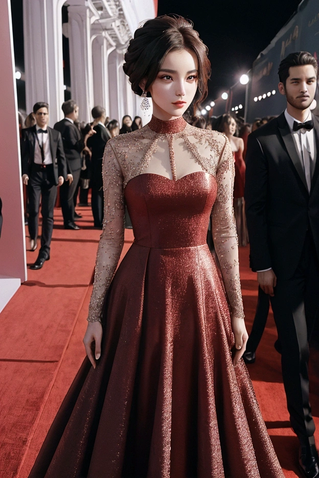1 woman, 1 man, ideal , dress, Red carpet background, couple, Instagram Filter,