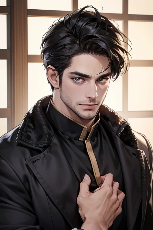 (best quality,4k,8k,highres,masterpiece:1.2),ultra-detailed,(realistic,photorealistic,photo-realistic:1.37),30 year old man,3 day beard,handsome anime,portraits,strong,masculine,dark hair,sharp jawline,mesmerizing eyes,perfectly styled hair,cool anime outfit,confident expression,vibrant colors,dynamic lighting, CEO and expression smile in love.
