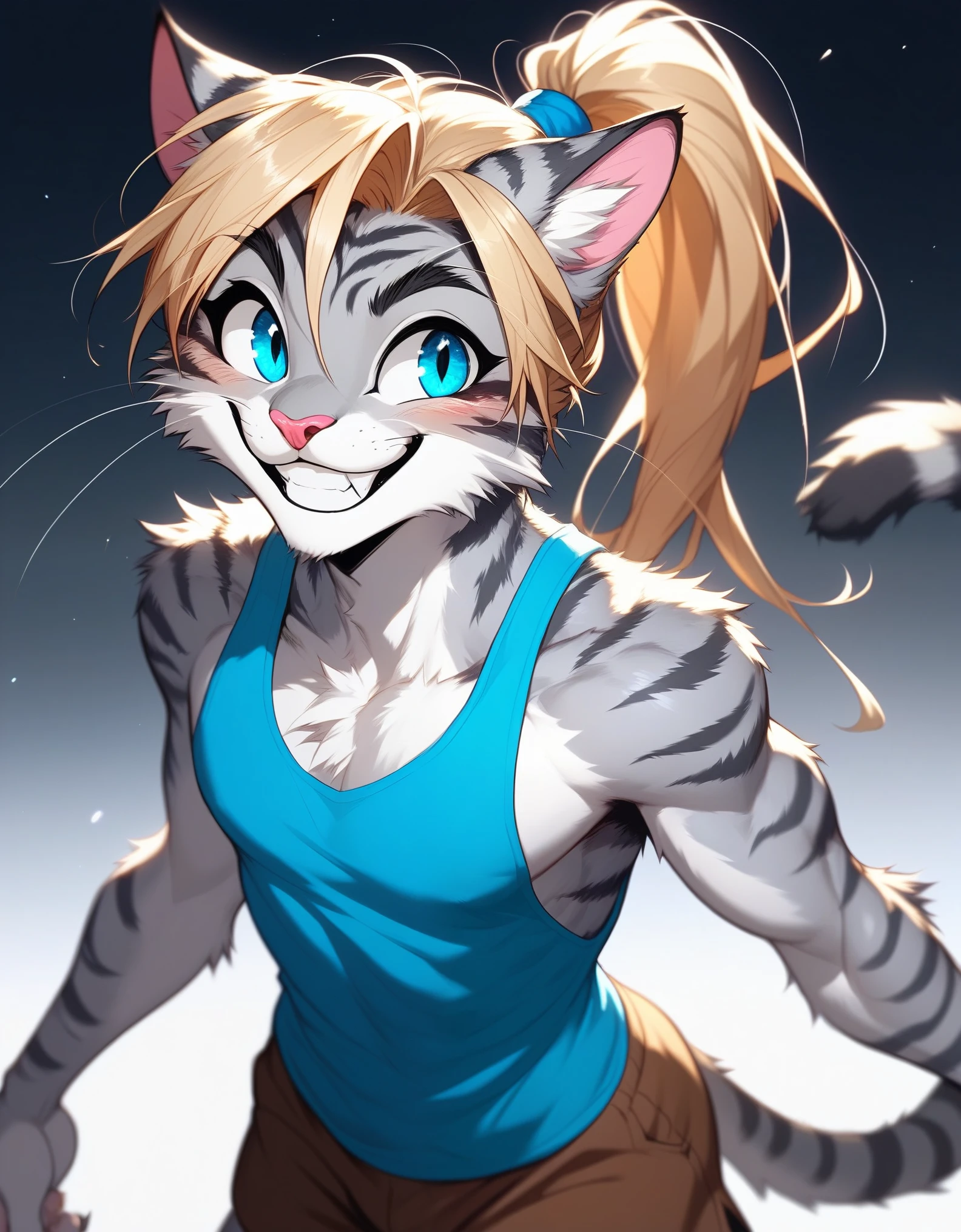 Solo, score_9,score_8_up,score_7_up, source_furry, (Kat, Anthro furry feline male, adult male, silver fur with grey stripes, blue eyes, long blonde hair, hair in a ponytail:1.2, :3, pink nose, wearing blue tank top, brown shorts, standing, big grin, feline teeth, blushing