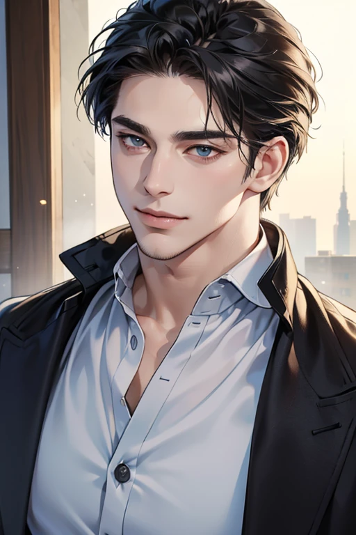 (best quality,4k,8k,highres,masterpiece:1.2),ultra-detailed,(realistic,photorealistic,photo-realistic:1.37),30 year old man,3 day beard,handsome anime,portraits,strong,masculine,dark hair,sharp jawline,mesmerizing eyes,perfectly styled hair,cool anime outfit,confident expression,vibrant colors,dynamic lighting, CEO and expression smile in love.