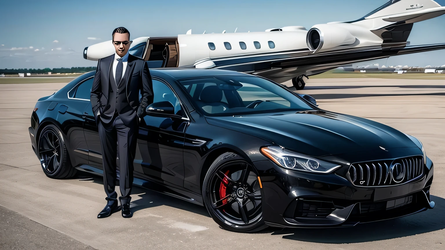 A man in a suit and tie in front of a private jet, and luxury cars