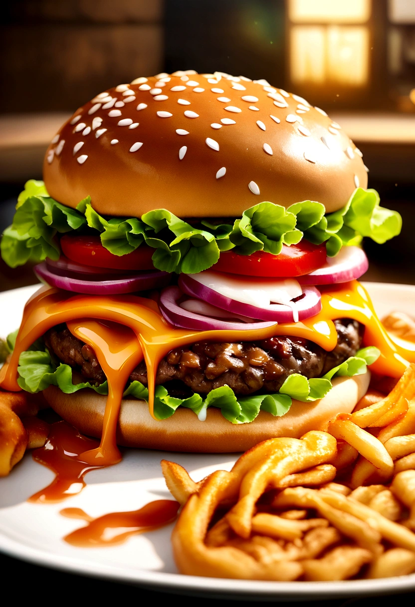 a juicy burger falling into pieces., tasty, hot, promotional photo, intricate details, HDR, cinematographic, Adobe Lightroom, Very detailed