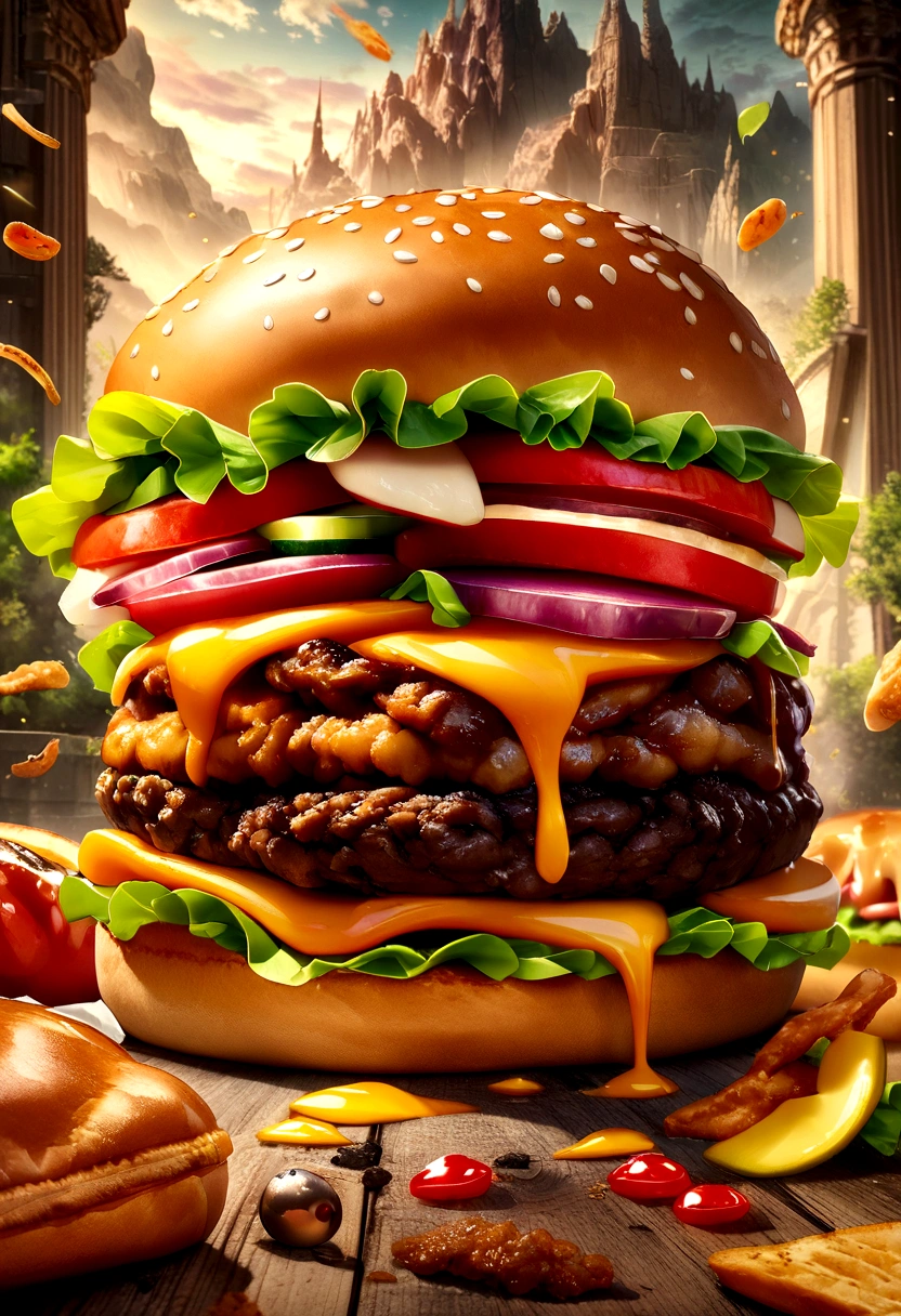 a juicy burger falling into pieces., tasty, hot, promotional photo, intricate details, HDR, cinematographic, Adobe Lightroom, Very detailed