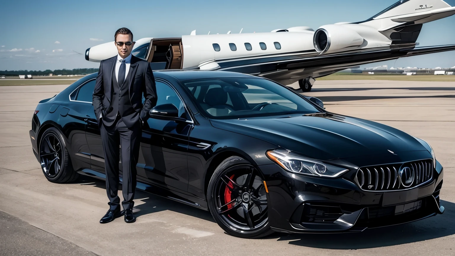A man in a suit and tie in front of a private jet, and luxury cars 