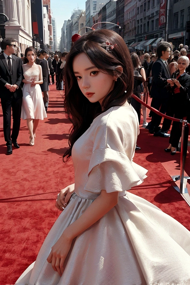 1 woman, 1 man, ideal , dress, Red carpet background, couple, Instagram Filter,