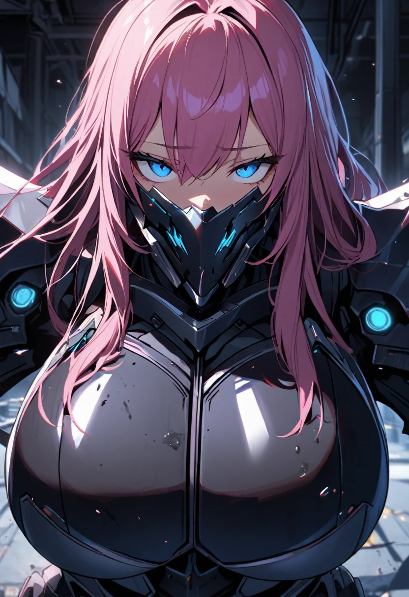 1girl,solo,pink hair color,long hair,light blue eyes,gigantic huge breasts,Wearing black sci-fi armor,Armor adheres closely to body lines,Cyber mask covering mouth,expressionless,icy stare,cold expression,Ruthless,disgusted eyes,close mouth,looking at viewer,Blood on the surface,standing up,In a dimly lit warehouse