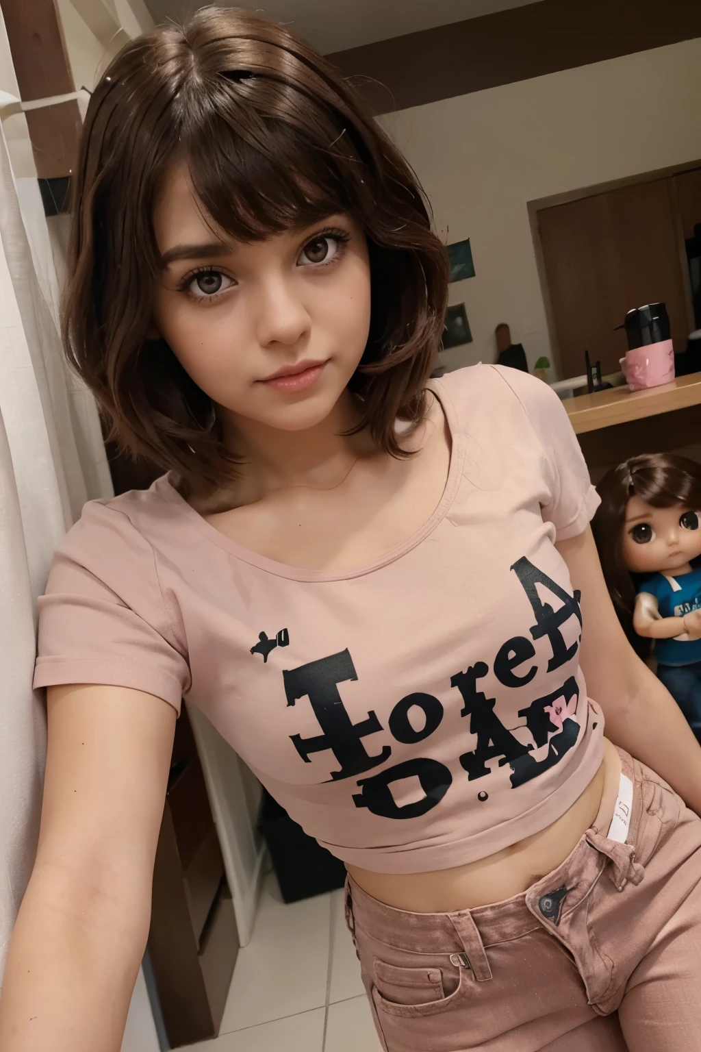 A blythe doll with big dark eyes, brown skin, bangs, short brown hair, , with a pink t-shirt and jeans