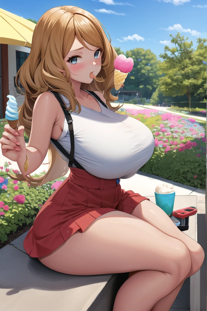 Serena with big breasts, showing big breasts, sucking ice cream