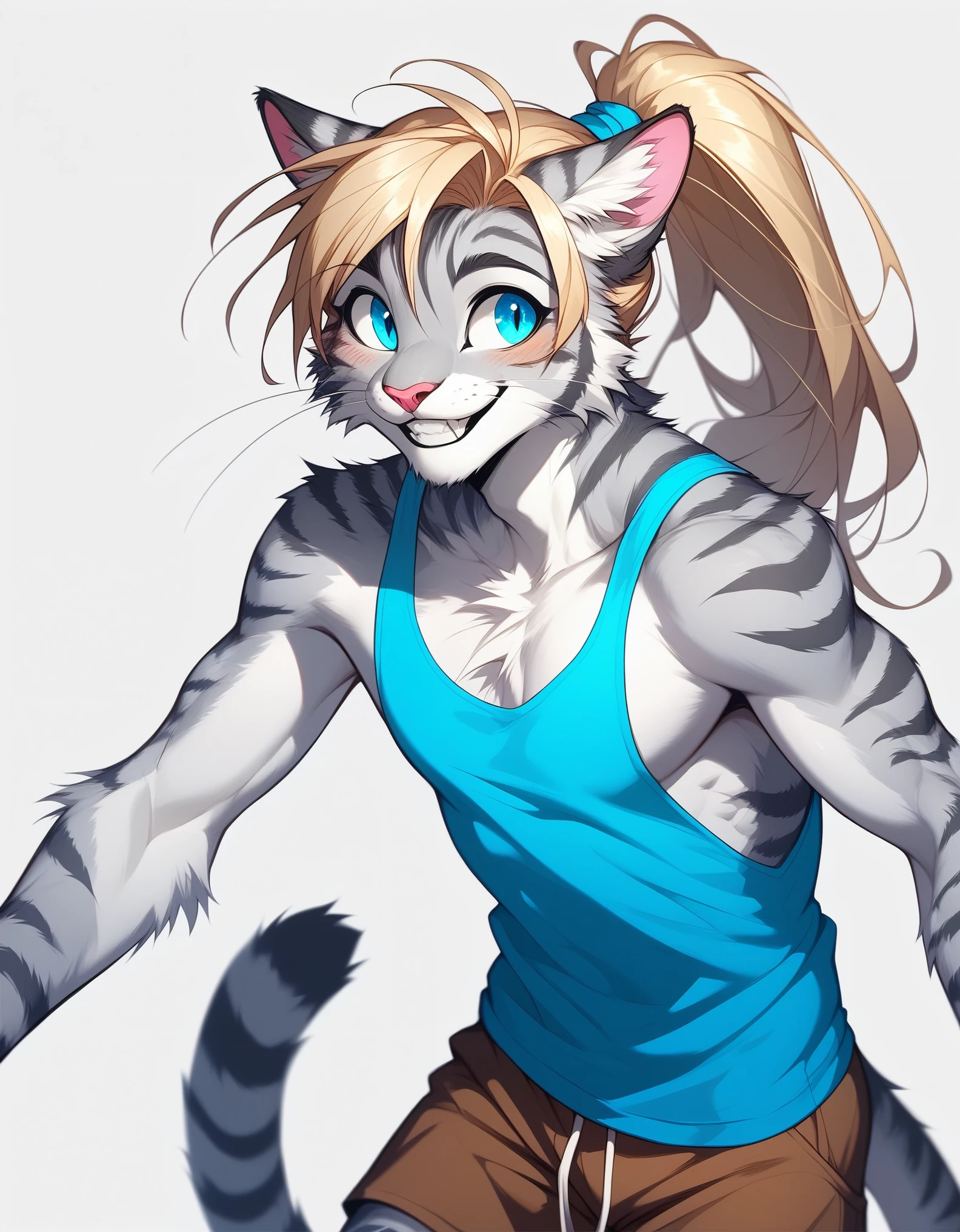 Solo, score_9,score_8_up,score_7_up, source_furry, (Kat, Anthro furry feline male, adult male, silver fur with grey stripes, blue eyes, long blonde hair, hair in a ponytail:1.2, :3, pink nose, wearing blue tank top, brown shorts, standing, smiling, feline teeth, blushing