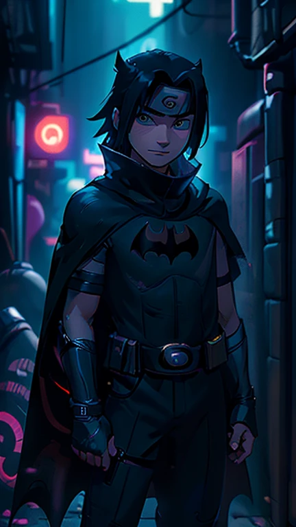 best quality,masterpiece,1boy,solo,(((13years old))),japanese boy,an extremely cute and handsome hoy,highly detailed handsome face and eyes,petit,cute face,lovely face,baby face,shy smile,show teeth, Black hair,short hair,flat chest,skinny,slender,(((Uchiha Sasuke wearing Batman costume,black cape))),(((standing in Dark Midnight Neon Glow light Cyberpunk Gotham city))),he is looking at the viewer,