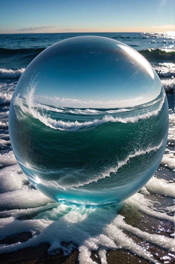 frosted glass sphere. ocean waves beat against it 