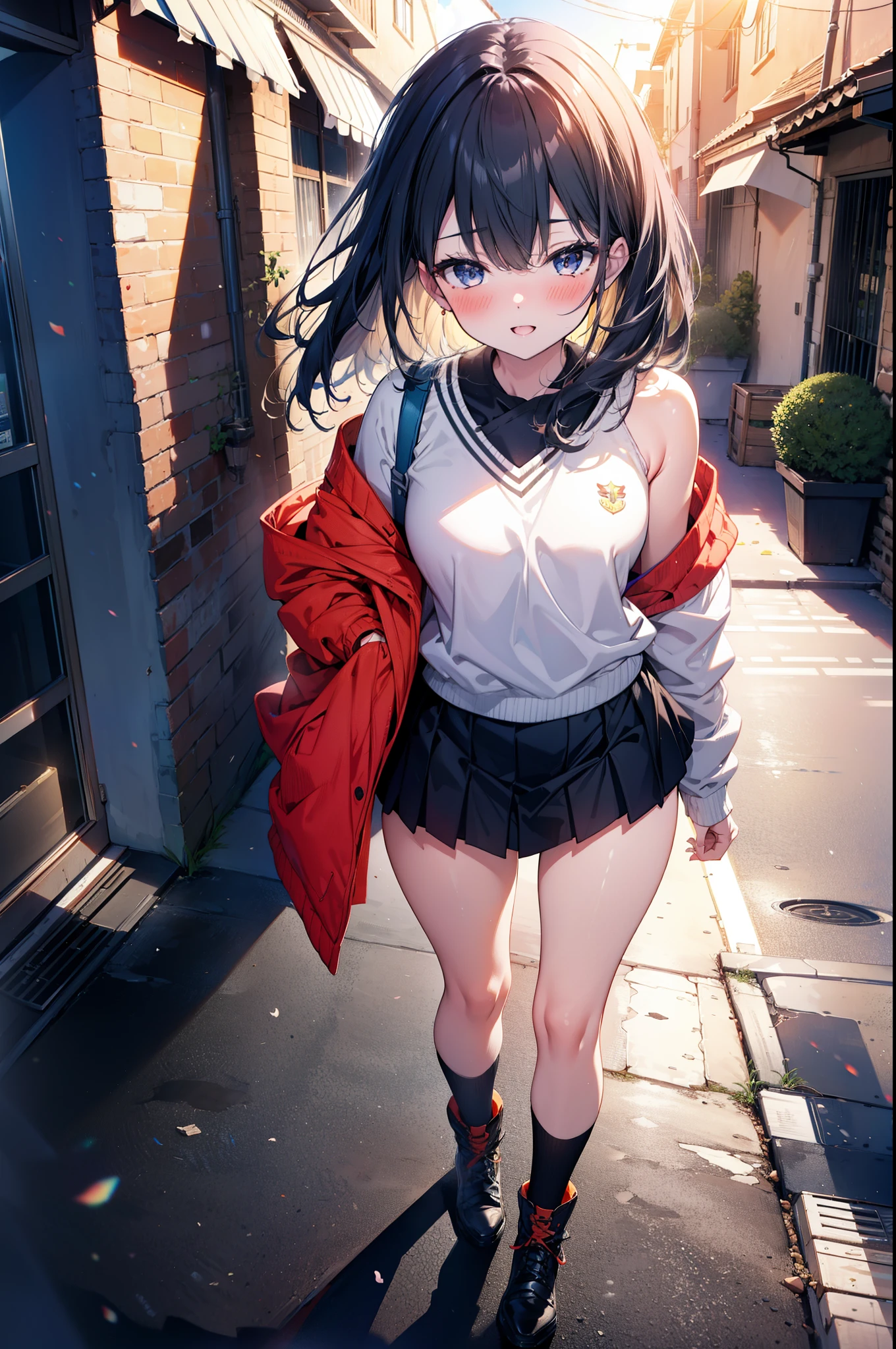 Rikka body, Affluent backstreets, Black Hair, blue eyes, Long Hair, rist scrunchie,happy smile, smile, Open your mouth,blush,Oversized red one-shoulder sweater,mini skirt,short boots,Walking,So that the whole body goes into the illustration,morning,morning陽,The sun is rising,
Destroy outdoors, Building district,
壊す looking at viewer, Systemic
break (masterpiece:1.2), Highest quality, High resolution, unity 8k wallpaper, (figure:0.8), (Beautiful attention to detail:1.6), Highly detailed face, Perfect lighting, Highly detailed CG, (Perfect hands, Perfect Anatomy),