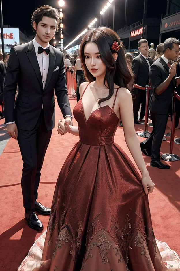 1 woman, 1 man, ideal , dress, Red carpet background, couple, Instagram Filter,